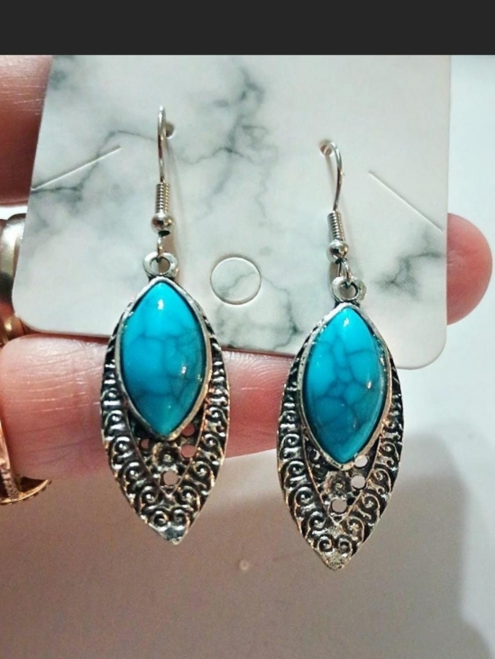 Fashion Turquoise Marquise Drop Earrings - Silver Tone Women's Jewelry